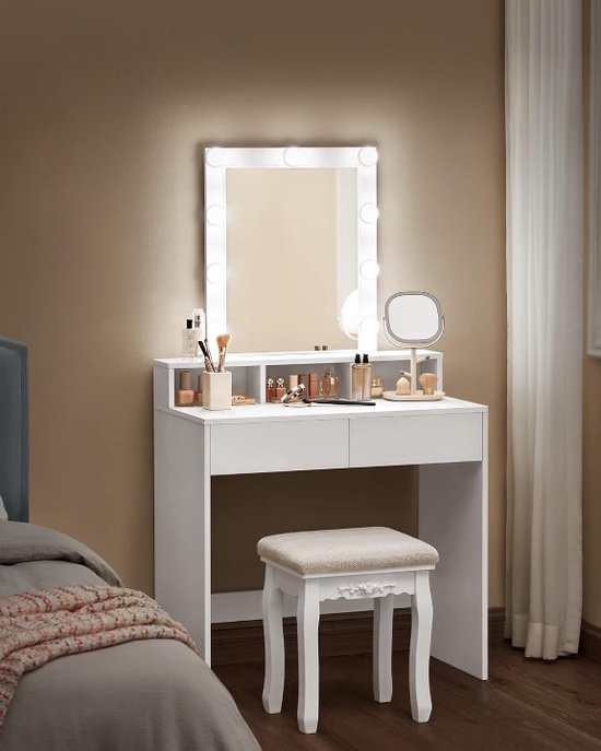 Kaptafel make-up tafel - Met LED verlichting & opbergruimte - Wit | bol