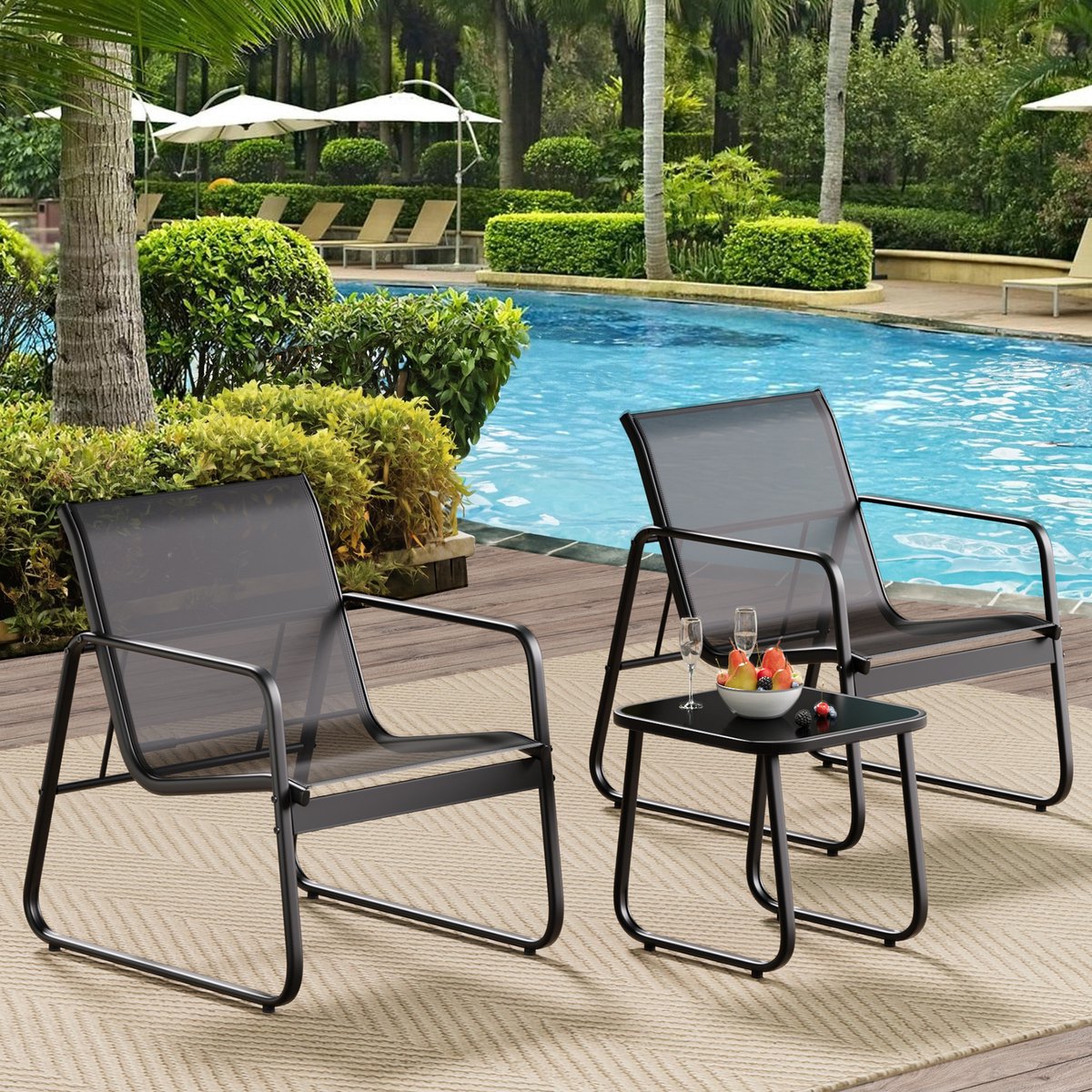 Bealife WR150 Diningset, 3-delige balkonset, 3-delige bistroset van Textilene stof, 2 fauteuils en 1 tafel van gehard glas, voor tuin, terras, balkon