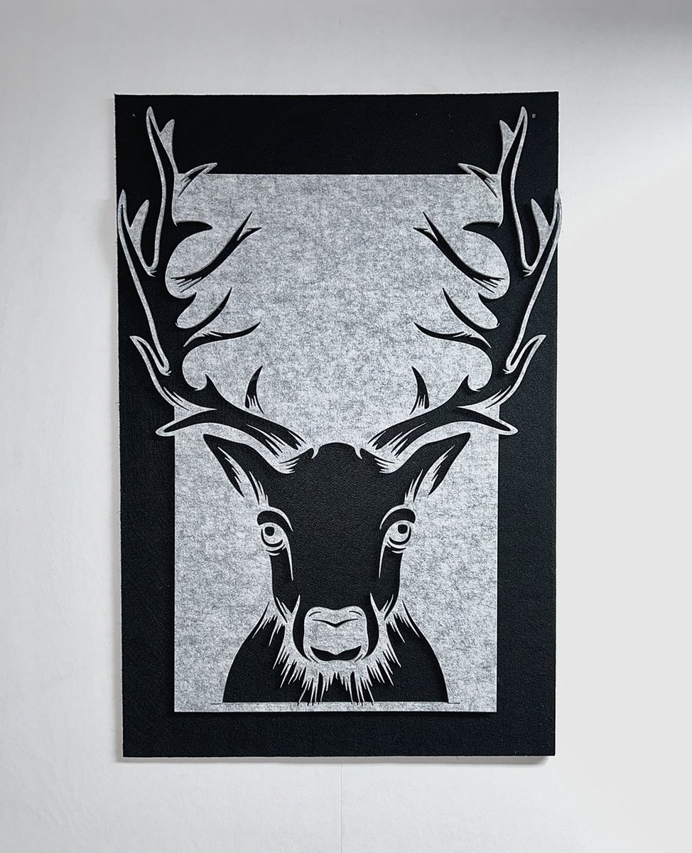 Akoestisch PET vilt wandpaneel - Hert - Grijs - Zwart - 90cm x 60cm x 9mm - PET vilt van gerecyclede PET flessen - Wanddecoratie - akoestische wanddecoratie - Muurdecoratie - Modern