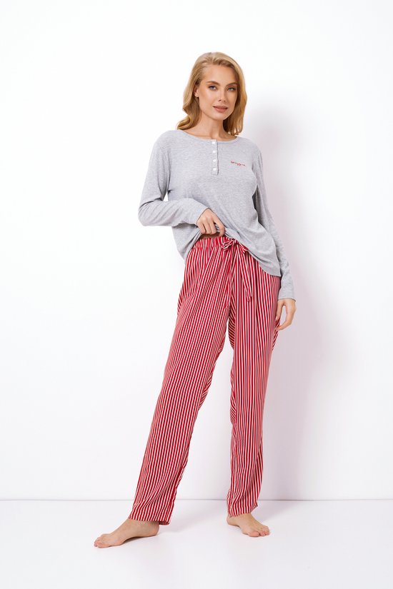 Dames Pyjama Camy-Comfortabele Set-Zachte Top van Katoen & Viscose Broek-Relaxte Pasvorm-Rood-Grijs-Maat XXL