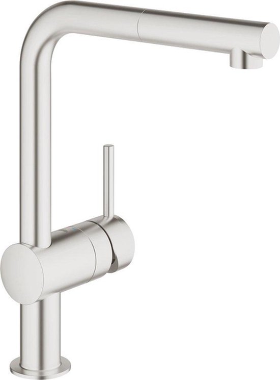 Robinet de cuisine aspect inox avec bec en L et douchette extractible.