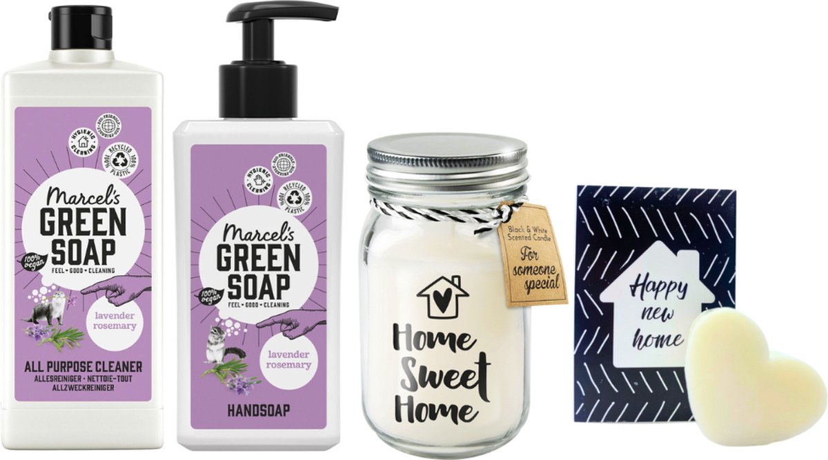 Goedkoopste Green Soap Cadeauset Nieuw Huis - Green Soap Allesreiniger 750ml Lavendel & Rosemarijn - Green Soap Handzeep 250 ml Lavendel - Paper Dreams Kaars Black & White Home sweet home