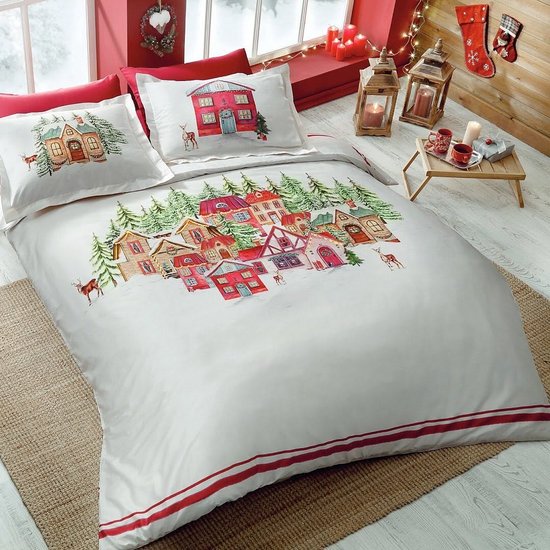 Parure de couette Wit et rouge pour lit double thème Noël 200 x 220 cm\ Set de couette White et rouge pour lit double thème Noël 200 x 220 cm