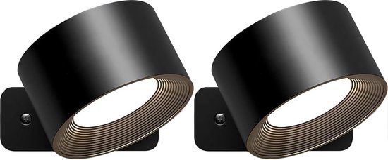 KRAFT Applique Rechargeable - Appliques murales Intérieur - Chambre/Salle de Bain/Salon - Zwart - 2 Pièces