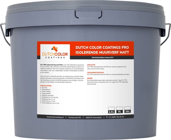 Grijze emmer met label "DUTCH COLOR COATINGS PRO ISOLERENDE MUURVERF MATT" en specificaties.