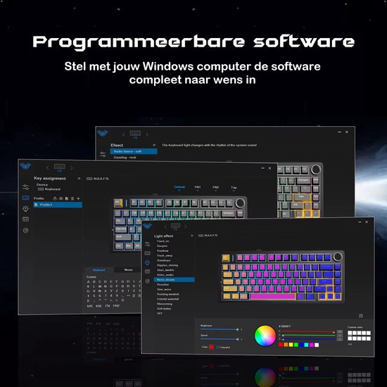 Schermopname van de EPOMAKER software voor het aanpassen van toetsen en RGB-verlichting op het F75 toetsenbord.