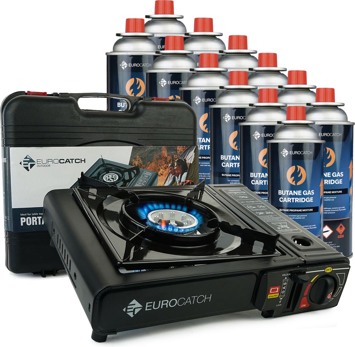 Eurocatch Outdoor - Kooktoestel op Gas - incl 12 Gasbussen -Gas Stove - Camping Kooktoestel - Gaspit - Gasfornuis - Gasstel - Cooker - Draagkoffer