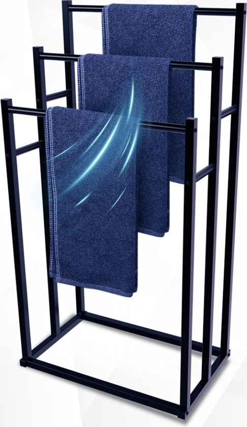 Un porte-serviettes noir autoportant à 3 bras, chacun tenant une serviette bleu foncé. Des lignes de flux d'air indiquent un séchage efficace.