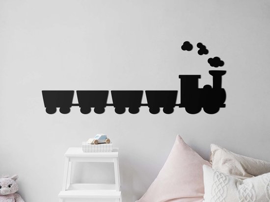 HOUTEN WANDDECORATIE / WOODEN WALL DECORATION - MUURDECORATIE VOOR KINDERKAMER / WALL ART FOR KIDS ROOM - TREINTJE EN WAGON / TRAINS - 103 x 25cm - ZWART / BLACK - WANDFIGUUR - BABYKAMER - KIDS - DECO