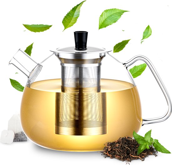 Élithé Theepot Glas 1,5 Liter met Filter - Glazen Teapot voor Losse Thee en Theebloemen - Theekan - Tea Maker met Zeef - Infuser - Zilver
