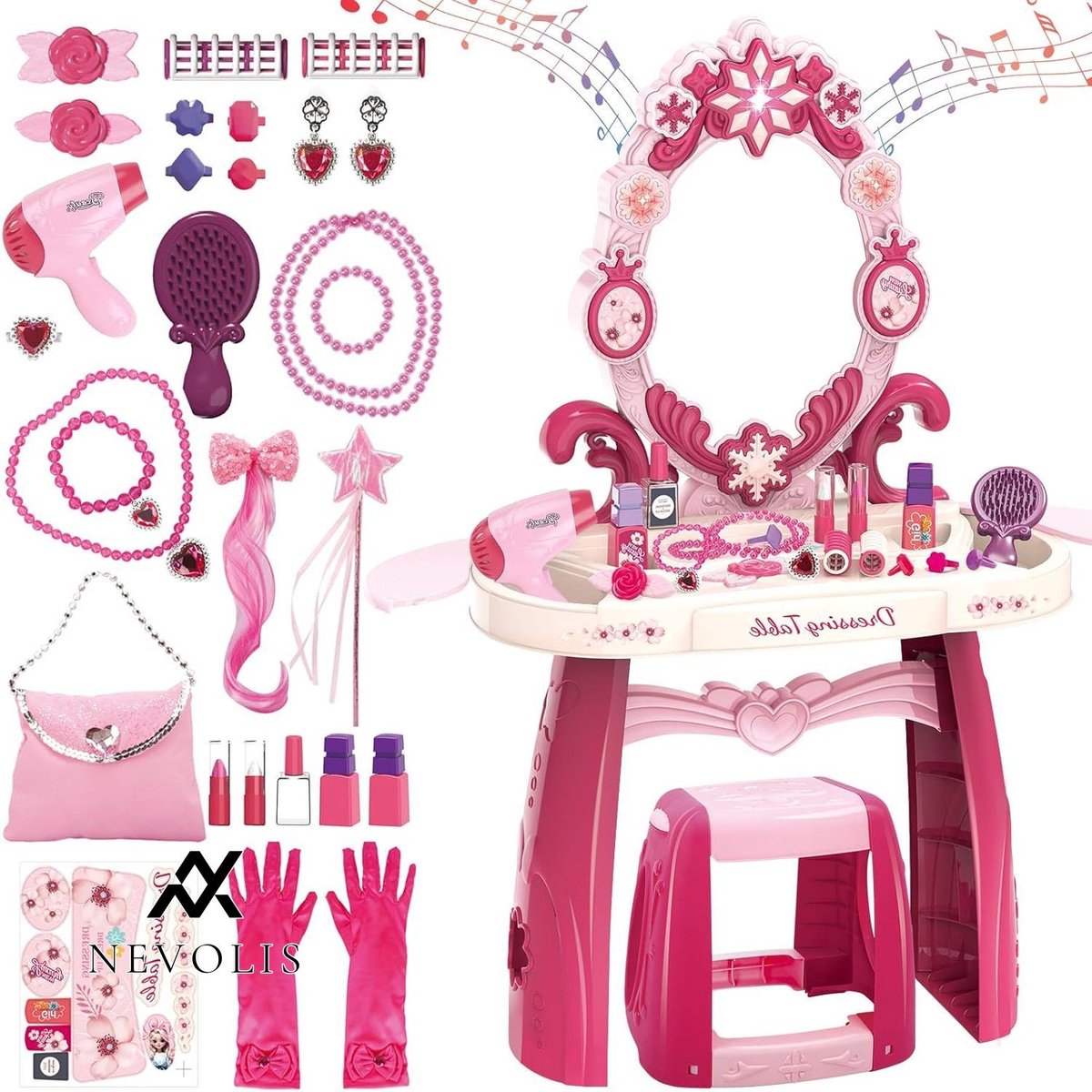 Nevolis Dressing table with stool and music & lights - Princess beauty studio for girls - Hair salon and Children's makeup set with styling accessories - Hairdressing set .