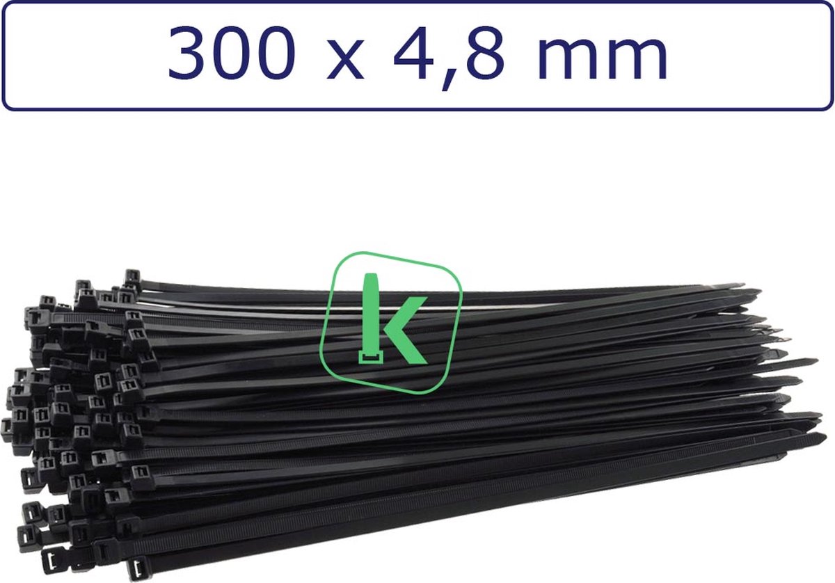 PRO-TIE® - Tyraps, kabelbinders 300 x 4,8 mm Zwart UV bestendig (Bulk grootverpakking zak 1.000 stuks) (tiewrap/tyrap/tie-wrap/bundelbandje/colsonbandje/)