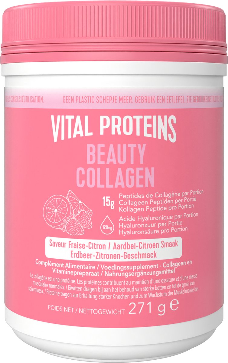 Goedkoopste Vital Proteins - Beauty collageen - 15 gram Peptiden Rundercollageen - Gehydrolyseerd - Biotine en Hyaluronzuur - Aardbei Citroensmaak - 271 gram