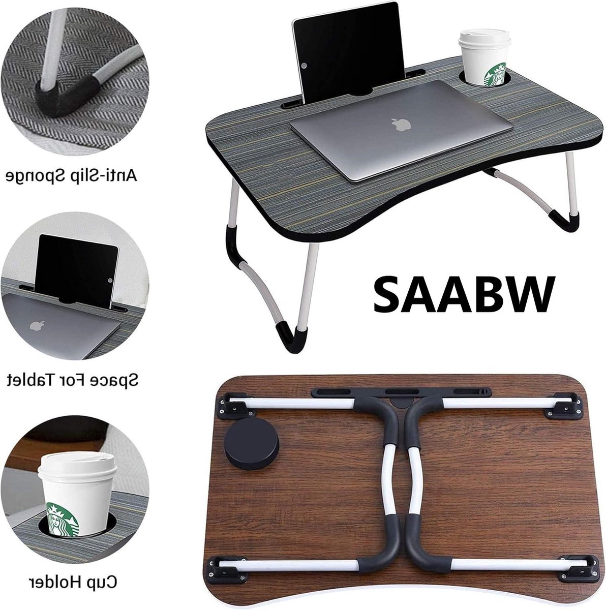 Duurzame en stijlvolle opvouwbare laptoptafel met beker- en tablethouders - 48734
