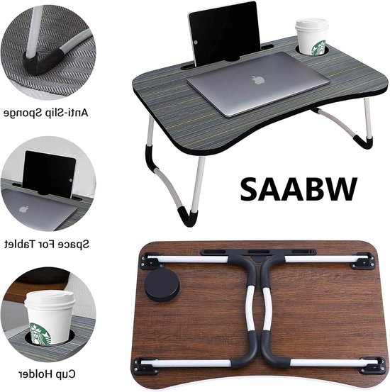 Duurzame en stijlvolle opvouwbare laptoptafel met beker- en tablethouders - 48734