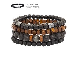 Quattro lava - kralen armband heren 4 + 1 stuks - armband mannen natuursteen - zwart en bruin - mannen cadeautjes - bracelet