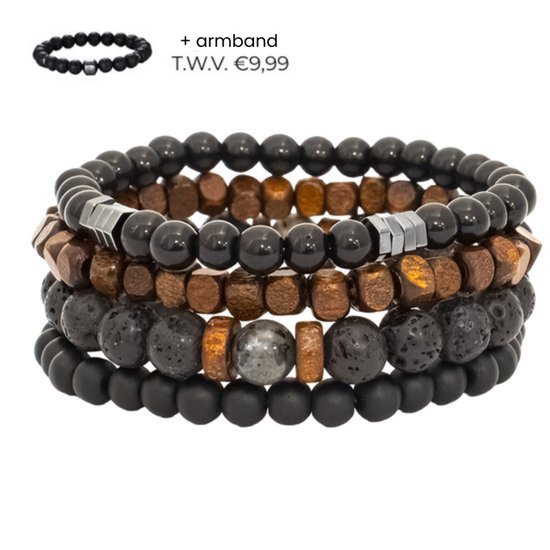 Quattro lava - kralen armband heren 4 + 1 stuks - armband mannen natuursteen - zwart en bruin - mannen cadeautjes - bracelet