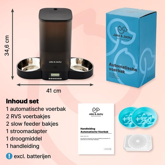 Jake and Jacky Automatische Voerbak - Inclusief 2 RVS Voerbakken & 2 Slowfeeders - Voerautomaat & Anti-Schrokbak - Voerdispenser Kat en Hond - Eetbak voor Katten & Honden - 5 Liter - Zwart