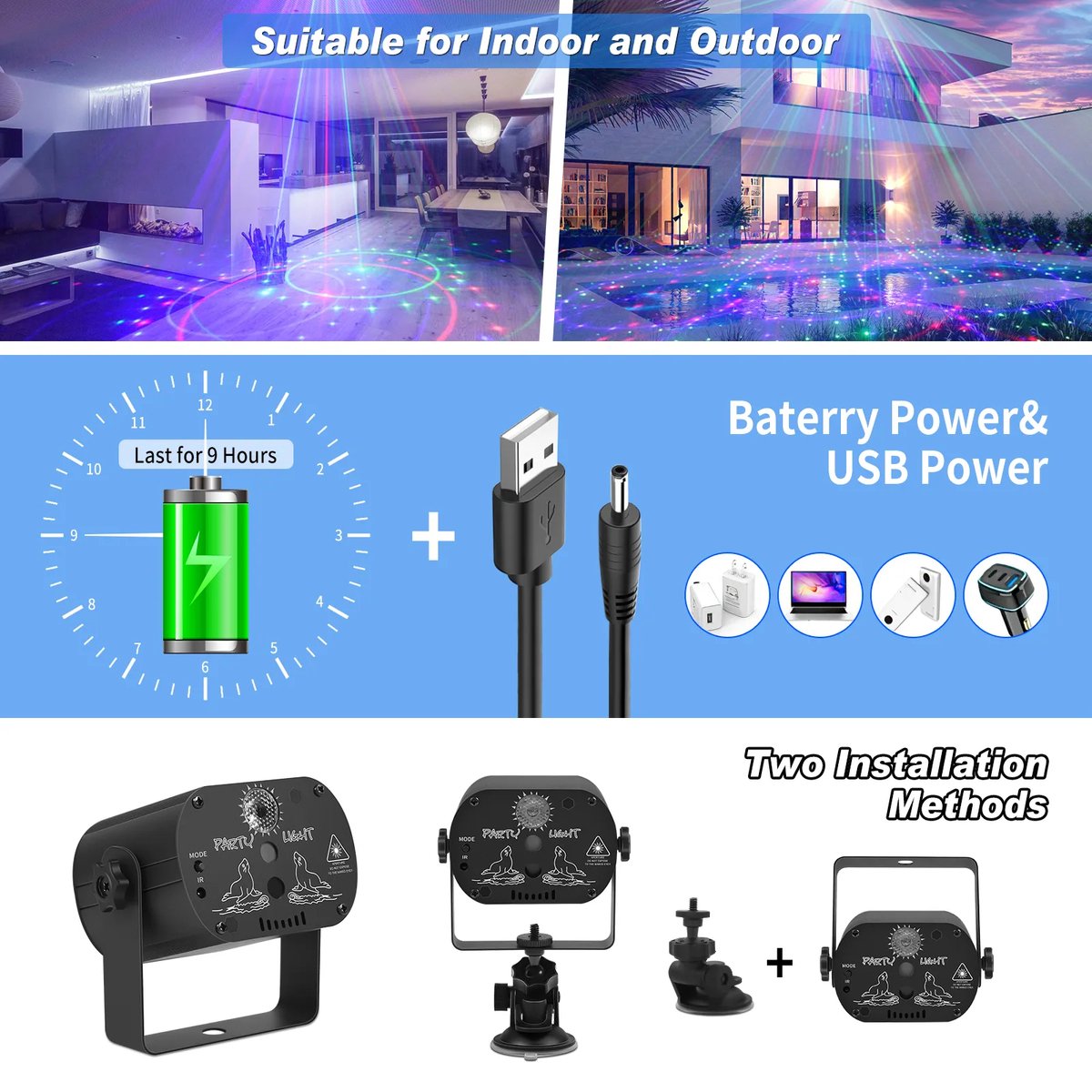 DJLicht USB mini led disco licht RGB - dj - laser - projector - Effect - met accu en zuignap – foto 5