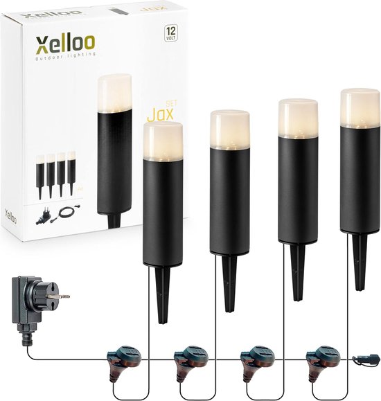 Xelloo® tuinverlichtingsset ZEP, 12 Volt, 4 stuks aluminium/PVC designarmaturen 1W LED warm wit