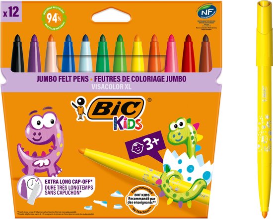 BIC Kids Visa Color - Viltstiften - Stiften voor Kinderen - Kleurstiften met Brede Punt - Droogt niet uit - 12 Stuks