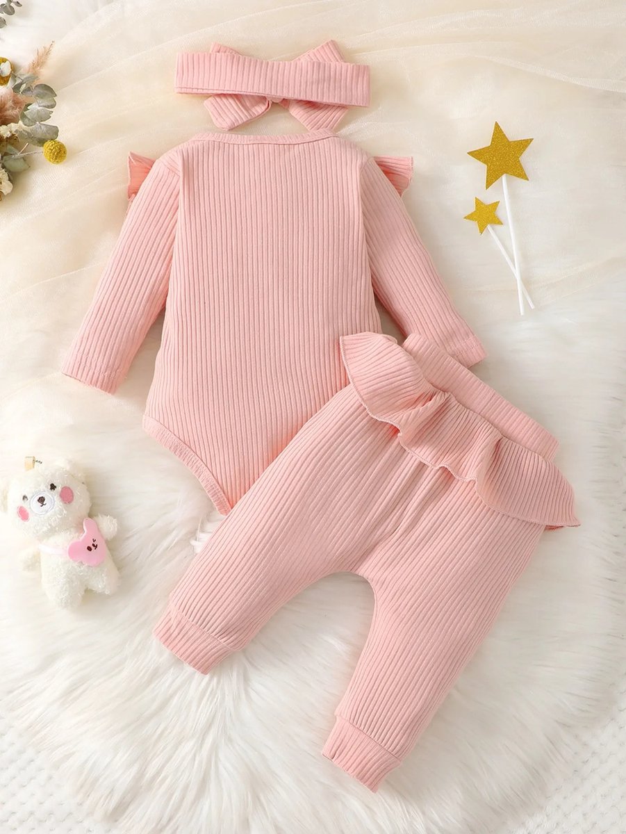 Baby Bodysuit, Broek en Hoofdband Set met Ruches - Herfst 6 Maanden - Baby Kleding Set voor Meisjes