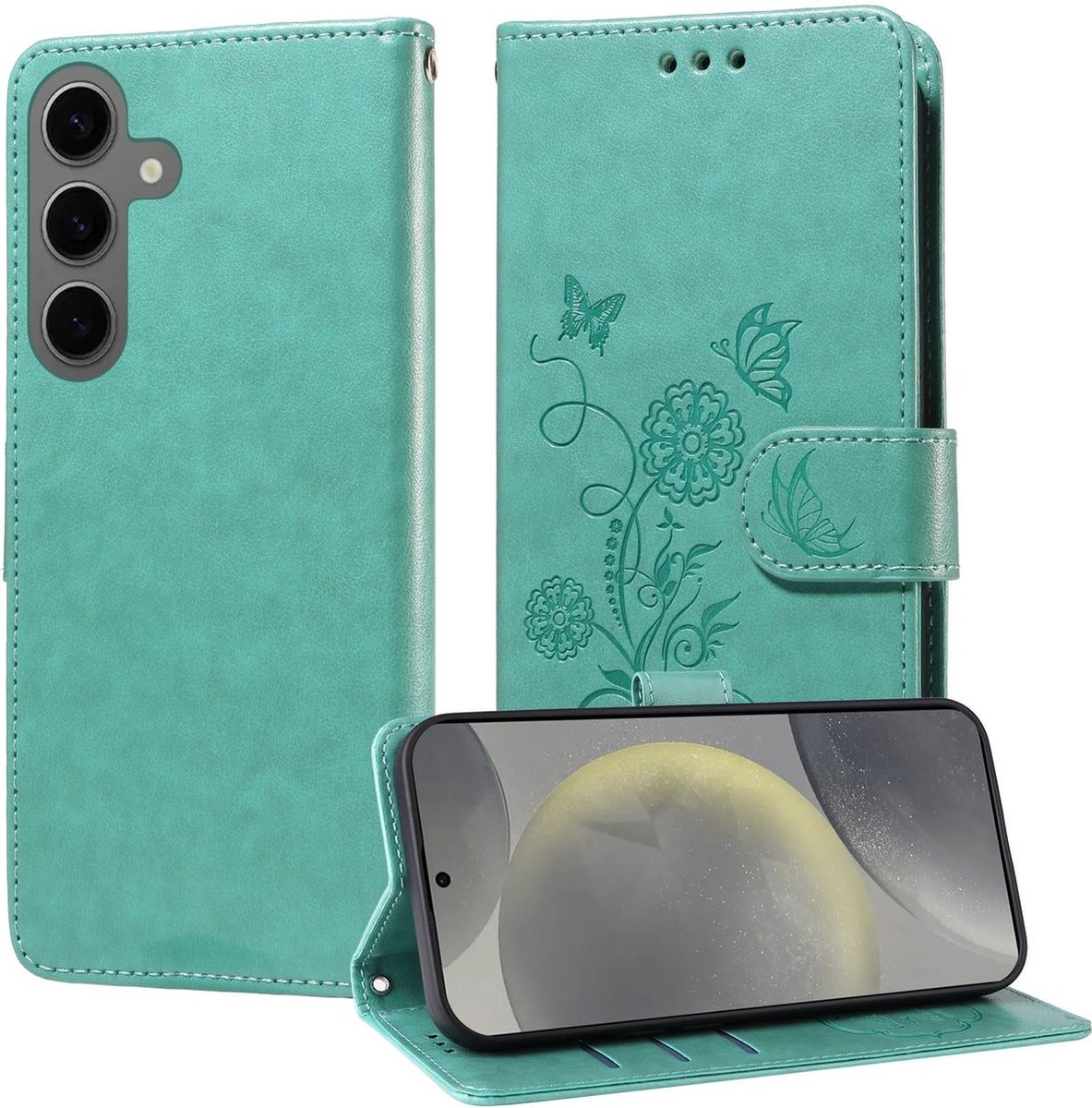 Mobigear Telefoonhoesje geschikt voor Samsung Galaxy S24 FE Hoesje | Mobigear Flowers Bookcase Portemonnee | Pasjeshouder voor 3 Pasjes | Telefoonhoesje voor Pinpas / OV Kaart / Rijbewijs - Groen