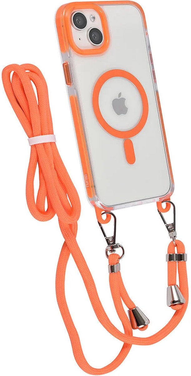Hoes Geschikt voor: iPhone 15 Hoesje voor om de nek - Magnetisch Magsafe Hoesje Met Koord - Hoes Met Koord - Hoes Cover Met Koord - Oranje