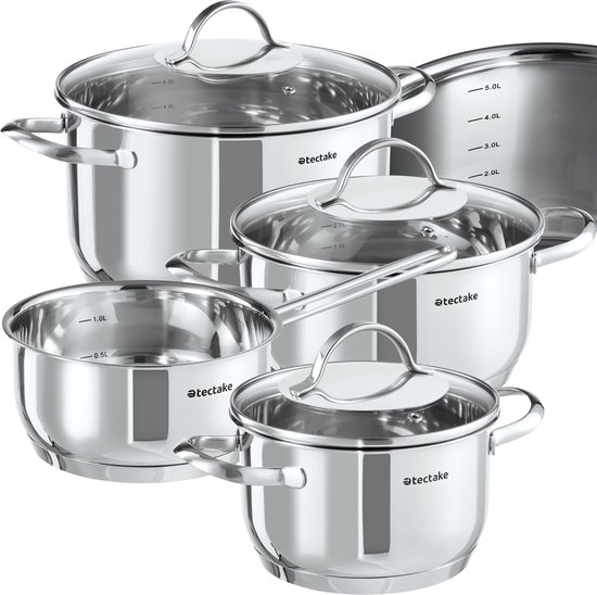 tectake® 7-delige Kookpannenset Bologna - Kookpottenset - Kookpan - Steelpan - RVS Pannen - Pannenset - Geschikt voor Inductie en Gasfornuis - Kookpotten met Glazen Deksel, Stoomafvoer en Spiraalbodem - Vaatwasserbestendig