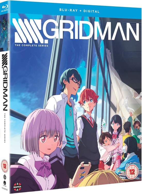 Blu-ray hoes van SSSS.GRIDMAN: The Complete Series met anime personages op de voorgrond, met logo en 12 leeftijdsindicatie.