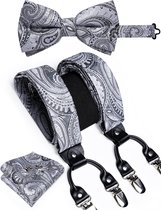 Sorprese 100% Soie Paisley – Bretelles – Noeud Papillon – Pochette – Boutons de Manchette – Argent