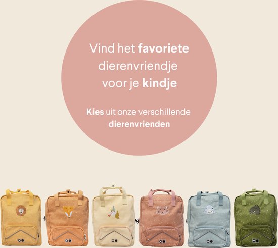 Zes kinderrugzakken met verschillende dierenprints: leeuw, vos, eenhoorn, kat, walvis en egel. Van geel tot groen.