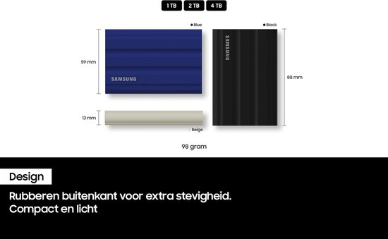 Afmetingen van Samsung T7 Shield SSD's in blauw, zwart en beige. Beschikbaar in 1TB, 2TB, 4TB.
