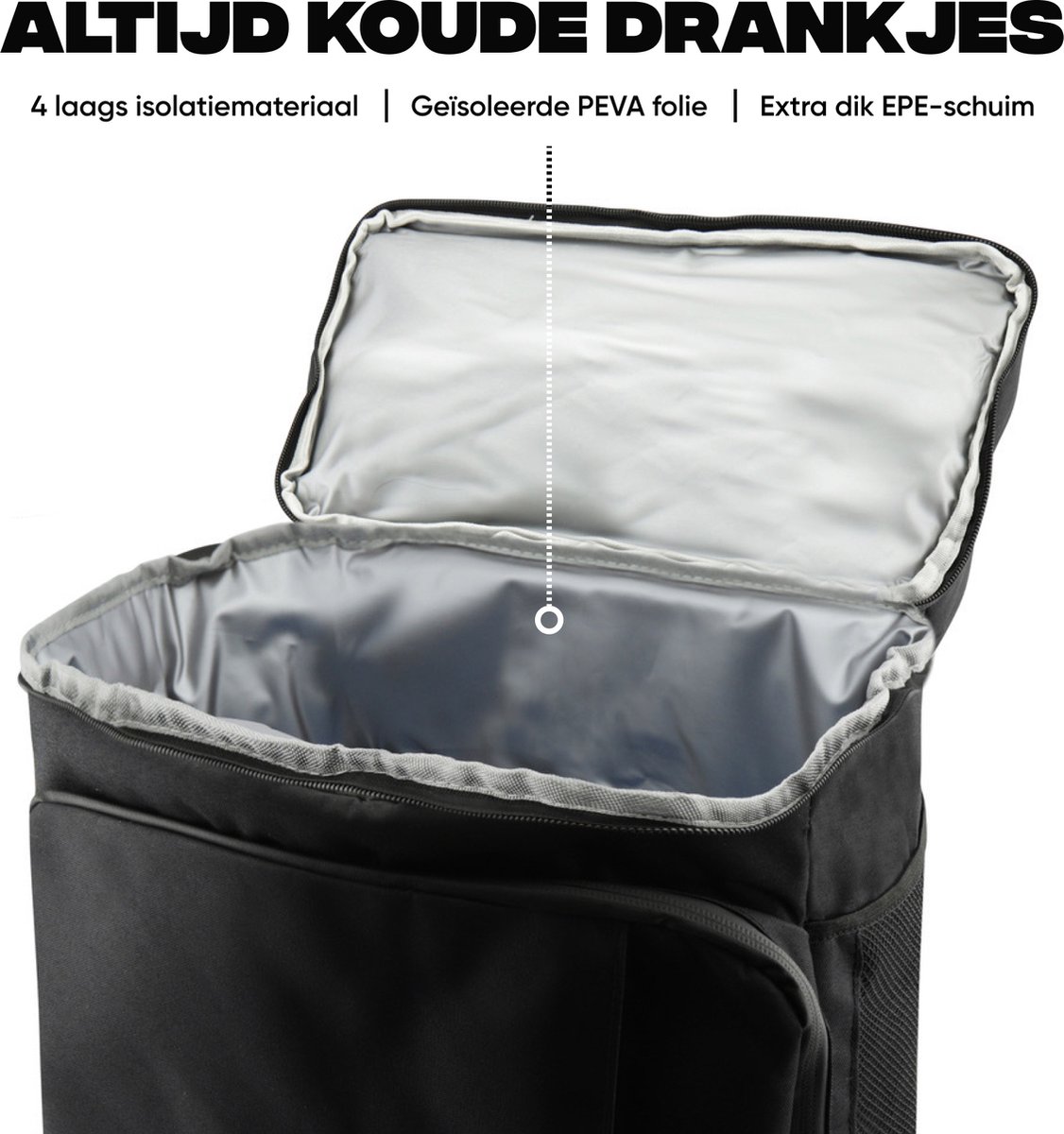 Rockerz Koeltas rugzak - 4 laags geïsoleerde - Incl. 4 koelelementen - 28 liter - Lunchtas - Picknicktas - Capaciteit voor 40x 33 cl blikken of 25x 33 cl flesjes - Slijtvast en duurzaam materiaal - Waterdicht en vuilafstotend - Kleur: Zwart — cadeau in Sport & Outdoor - foto 8