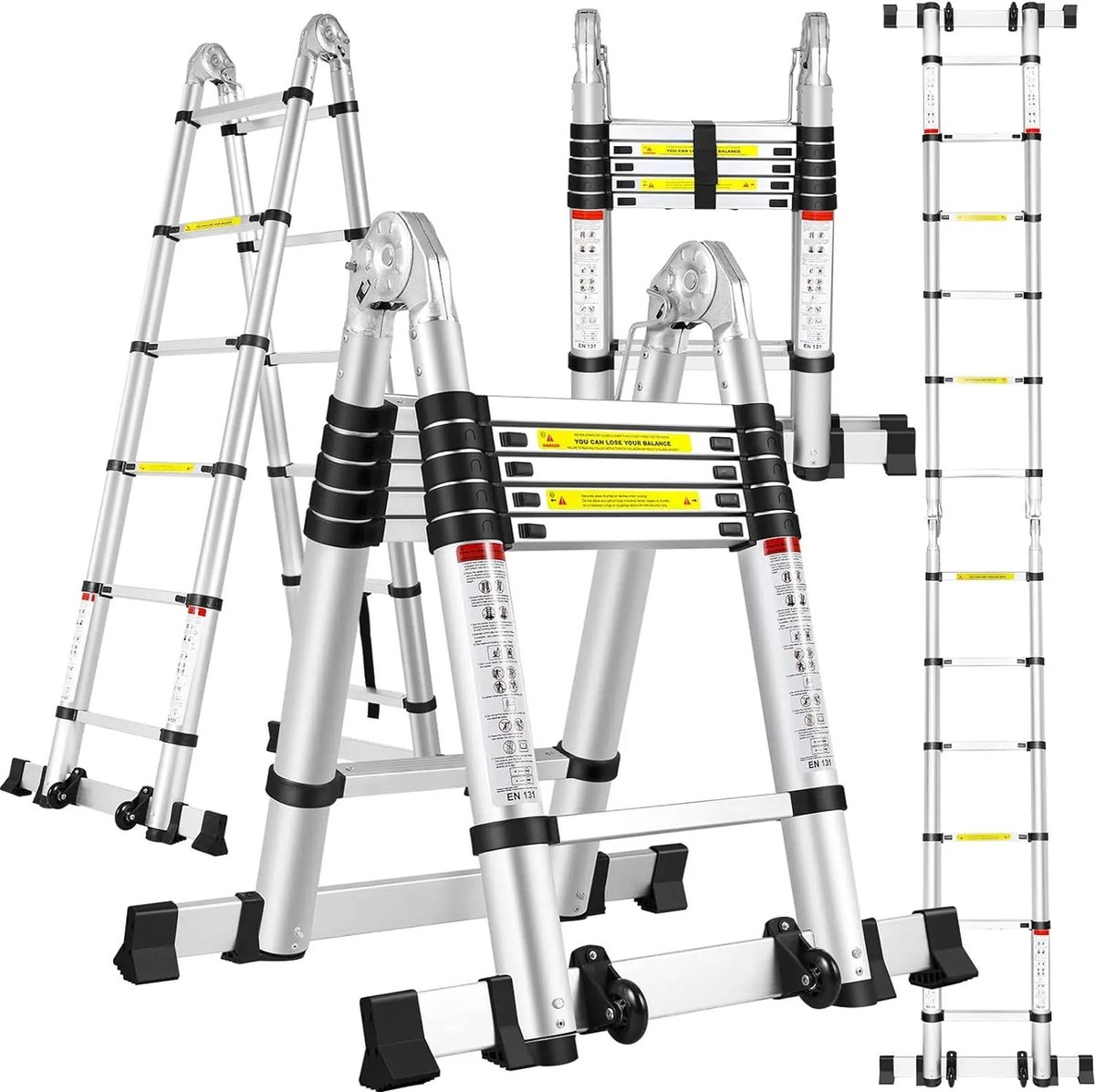 DHN Ladder - 3.8 M Opvouwbare Telescopische Ladder - 12-stappen Aluminium Ladder - Ladder Met 2 Wielen - 150 Kg Belasting