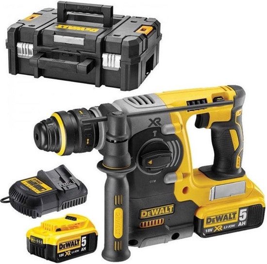 Gele en zwarte DeWalt SDS-plus combihamer met 2 accu's en een zwarte TSTAK koffer.