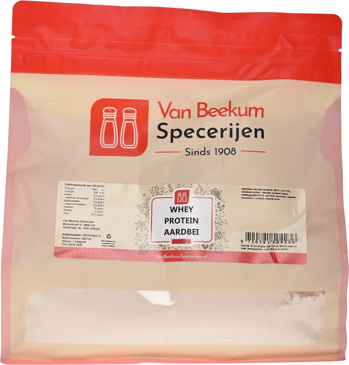 Goedkoopste Van Beekum Specerijen - Whey Protein Aardbei - 1 KG (hersluitbare stazak