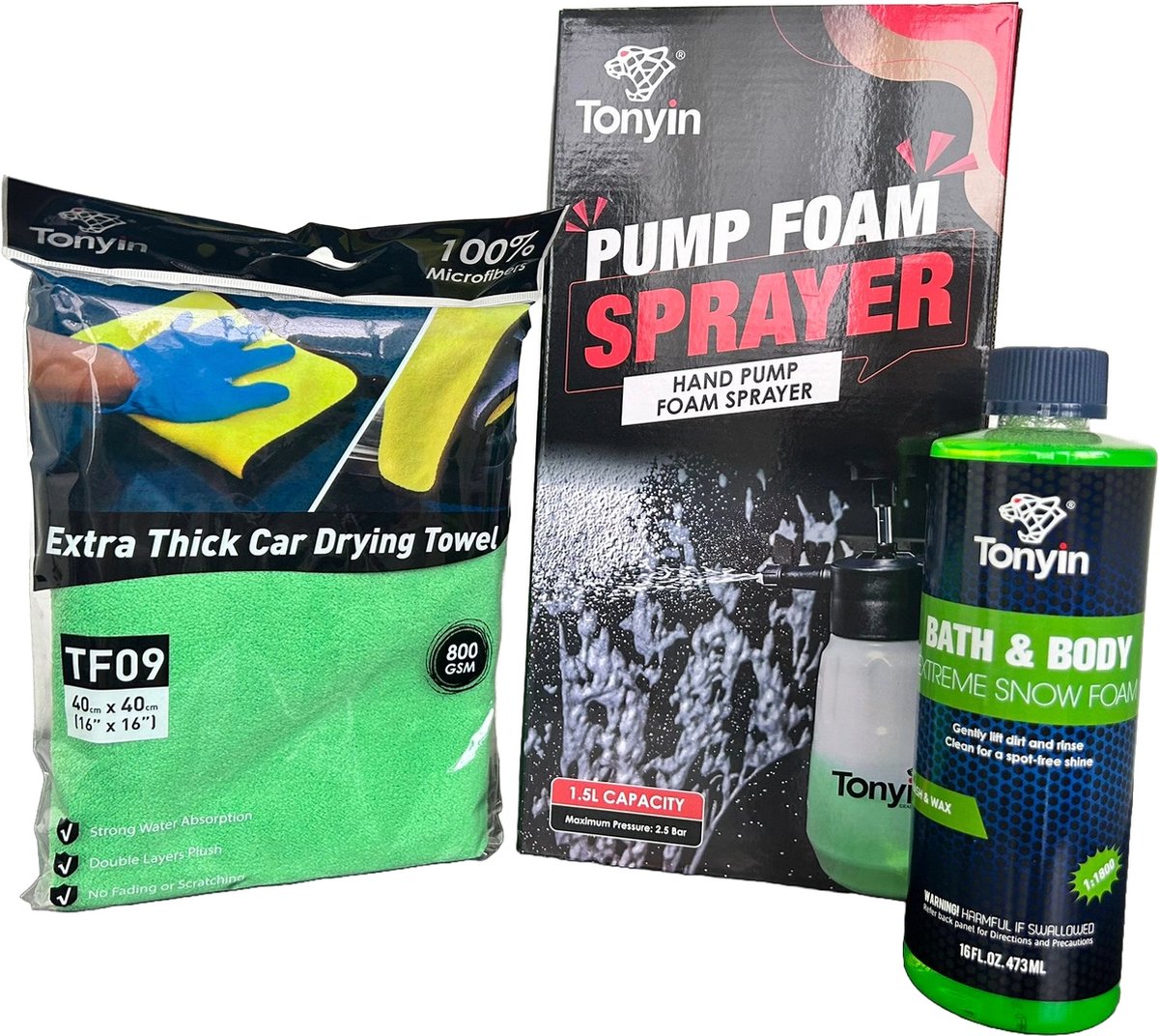 Tonyin | Snowfoam pakket | Pompspuit | Autoshampoo | Droogdoek | Auto wassen | Schuimlaag | Cadeau man | Kerstcadeau | Kerstpakket |