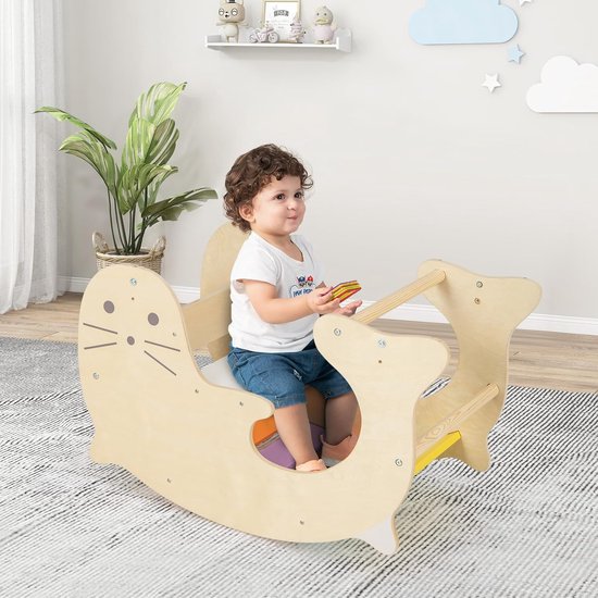 COSTWAY 3 en 1 Arche d'escalade en Bois Enfant avec Coussin Amovible, Arche à Bascule Montessori, Jouet d'escalade Aire de Jeux pour Chambre Salle de Jeux, Charge 50 kg, 1+ an (Naturel