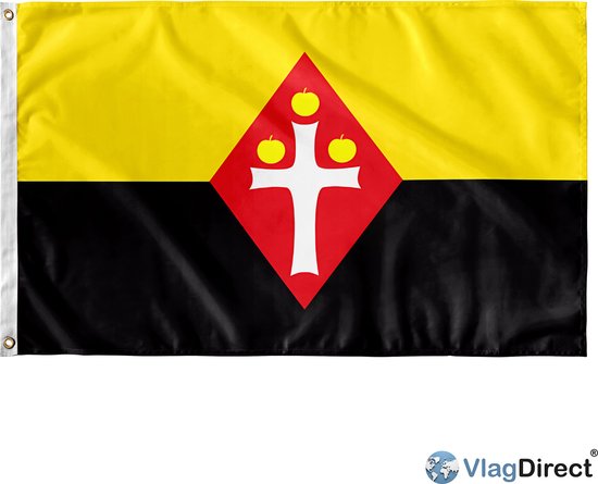 Vlag van de gemeente Best met horizontale gele en zwarte banen en een rood ruitvormig middenstuk met wit kruis en drie appels.