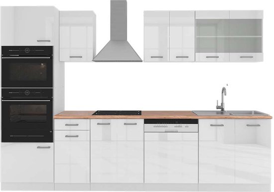 Meuble de cuisine complet Vicco R- Line, Wit brillant/Blanc/ Wit, 300 cm avec meuble haut, évier Chêne