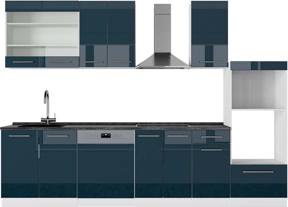 Vicco Fame-Line Complete keukeneenheid – 300 cm met hoge kast, WB Antraciet Donkerblauw hoogglans/wit