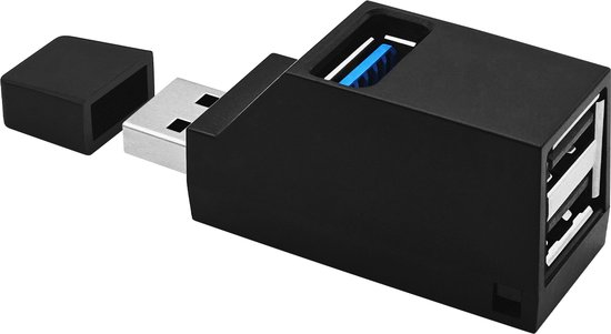 Zwarte USB-hub met een USB-A 3.0 aansluiting en een kapje.