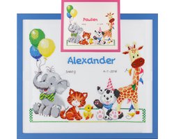 Pako Borduurpakket geboorte - tel patroon met codekaart - Vrolijke dieren geboortetegel - 226.310 - voorgesorteerd garen - roze / blauw Aida - 35 x 28 cm - DIY kit