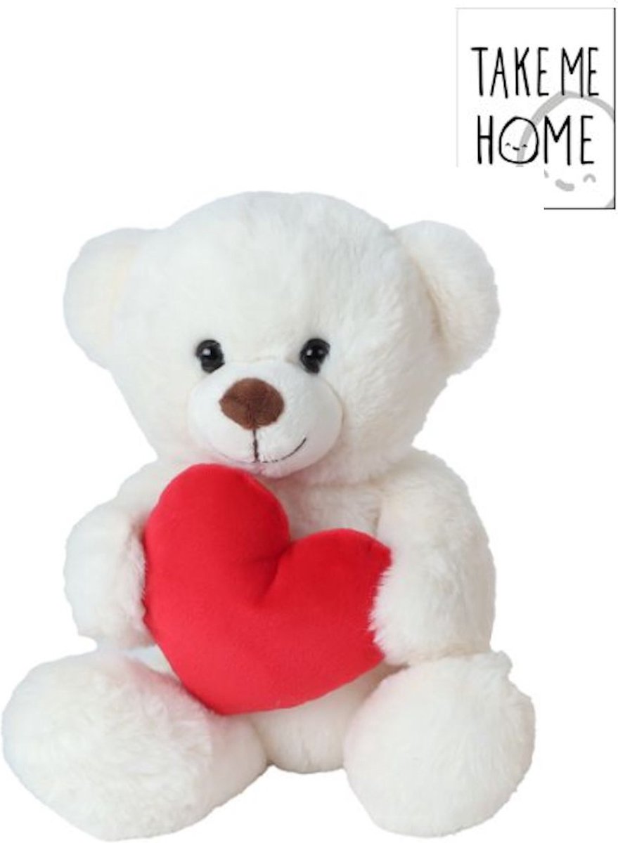 Take Me Home pluche beer wit met rood hart 21cm