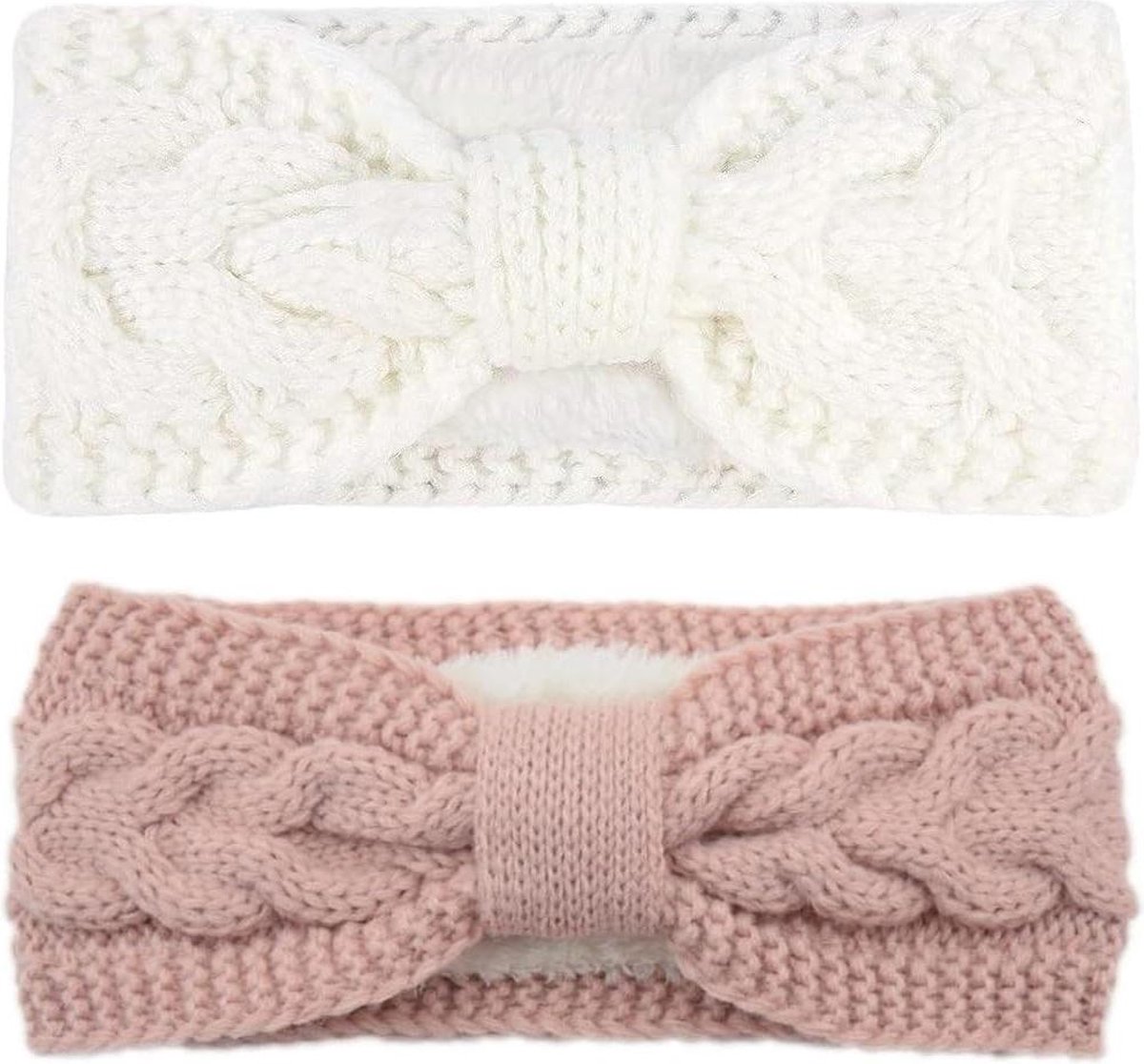 Winterhoofdband gebreide dikke haarband voor dames en meisjes - wit roze .