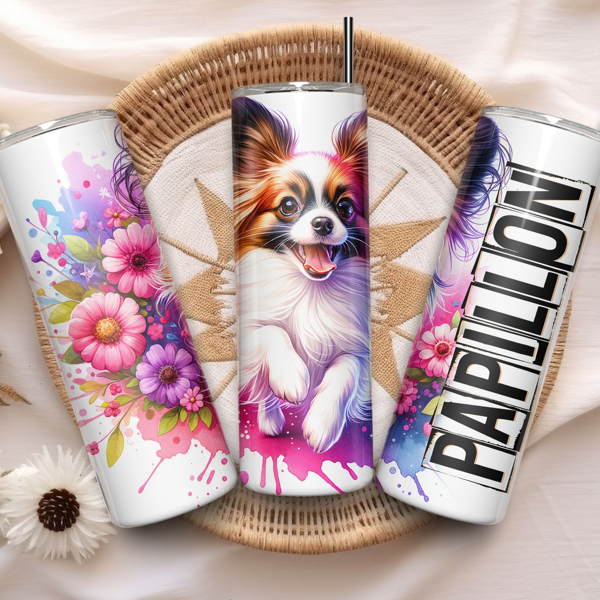 Papillon Tumbler huisdier cadeau honden beker met rietje - Geïsoleerde roestvrijstalen isoleerfles - Thermoskan - Thermosbeker - Thermosfles 590ml - Travel Mug - Theebeker - Thermos beker - Draagbare drinkfles - RVS - Lekvrije Koffiebeker to go