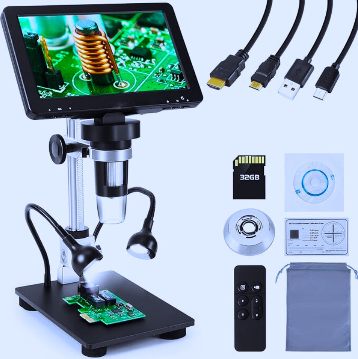 HDMI Digitale Microscoop 7-inch 1200x Scherm - 1080p Resolutie - 8 LED Lampjes - 32GB Kaart & Afstandsbediening - Soldeermicroscoop Voor Volwassenen & Kinderen - Windows/macOS Compatibel
