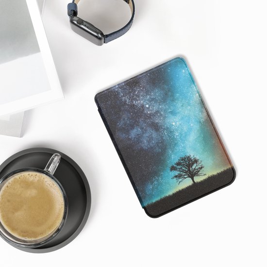 kwmobile e-reader hoesje geschikt voor Kobo Clara BW / Colour hoes - E reader flip case met magnetische sluiting - Ereader cover - Sterrenstelsel en Boom design in blauw / grijs / zwart van Merkloos — afbeelding 2