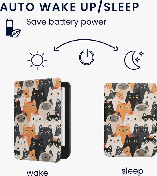 kwmobile e-reader hoesje geschikt voor Kobo Clara BW / Colour hoes - E reader flip case met magnetische sluiting - Ereader cover - Katten design in oranje / zwart / wit van Merkloos — afbeelding 5
